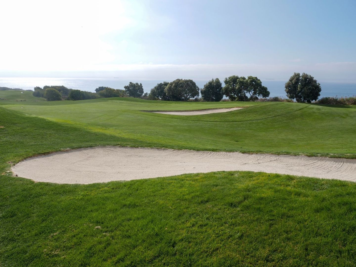 Coastal links golf course with sweeping fairway and bunkers
