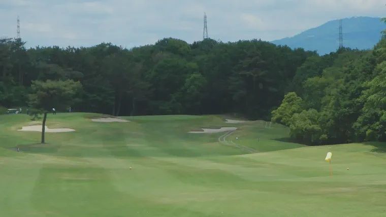Golf course fairway with flag, bunkers, forest, and mountain backdrop